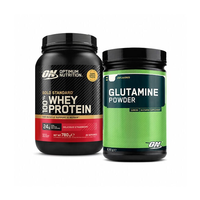 100% Whey Gold Standard Vassleprotein 700 g + Glutamine Pulver 630 g från Optimum Nutrition – pulver