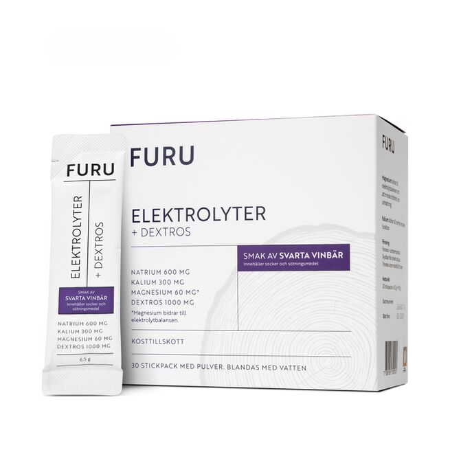 Elektrolyter + Dextros Svarta Vinbär 30 stickpacks från Furu – pulver